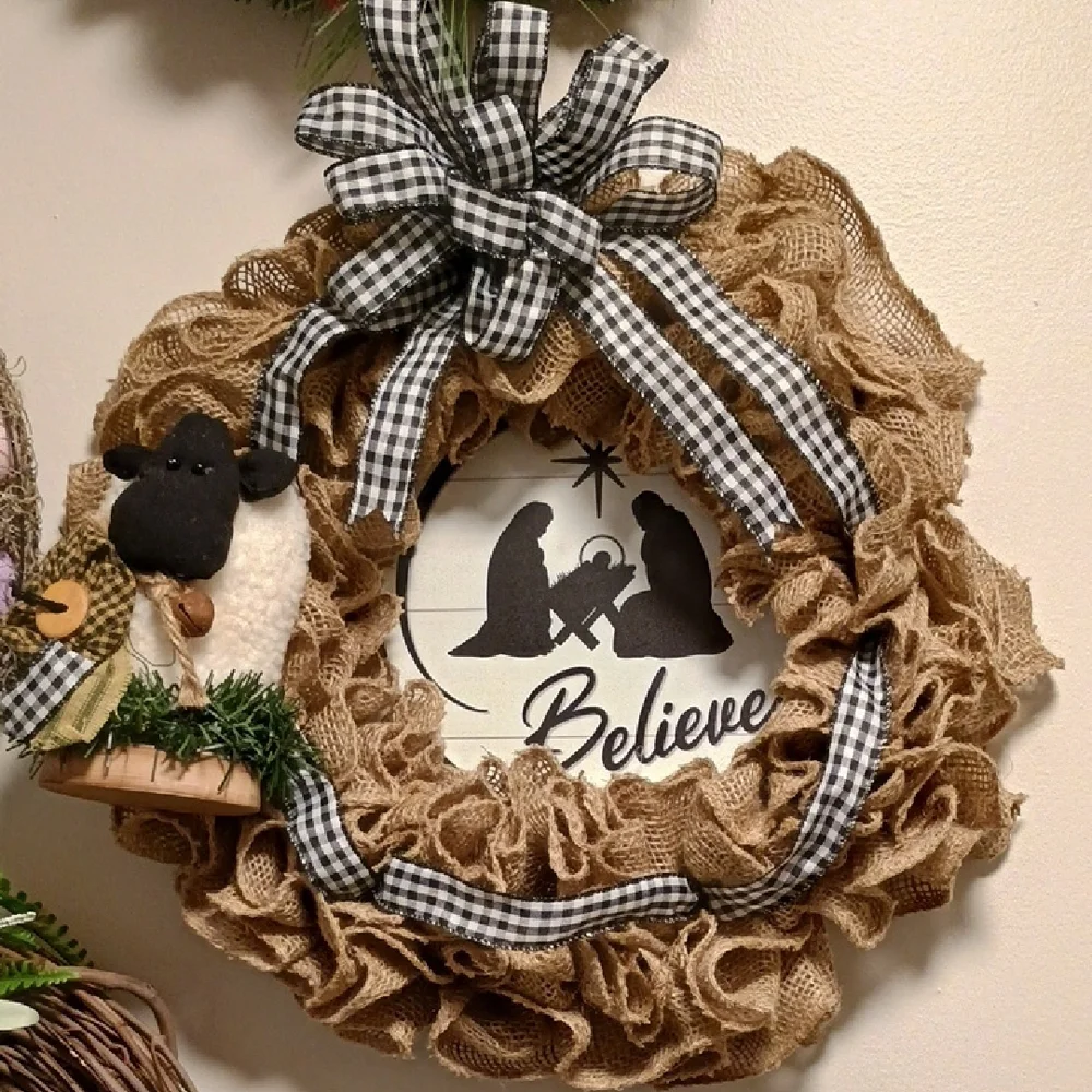 Rustic Burlap Holiday Wreath with Believe Metal Sign And Sheep